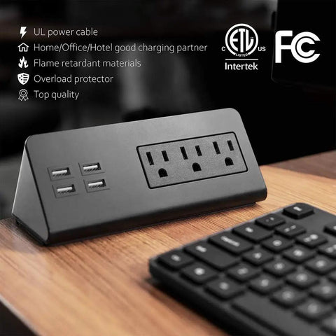 Totally Slick Two Pack Desk Edge Mount Power Strip With Four USB Ports And Three AC Outlets For Home Office Computer Setup Featuring Fast Smart Charging Tech And Reliable Surge Protection In Black, angled view on desk