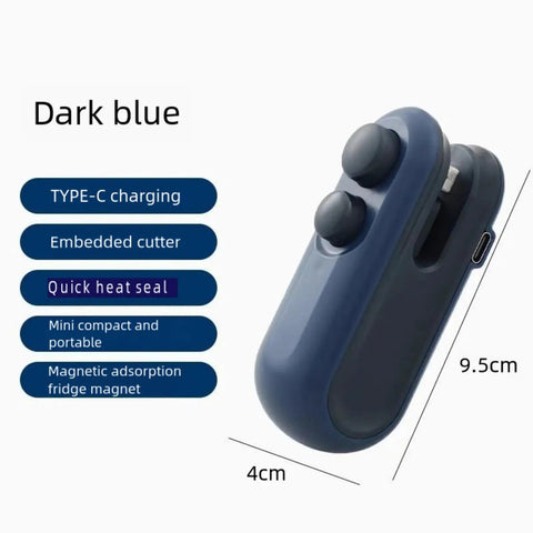 2 In 1 Portable Bag Sealer And Cutter With Rechargeable Battery Handy Handheld Heat Sealer For Plastic Bags Snacks Storage And Freshness Compact Resealer Machine With Magnetic Attraction White in dark blue color showing size and features.