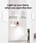 Zigbee Door And Window Sensor 3 Pack with Aqara Smart Plug shown on a door with text 'Light up your home when you open the door'.