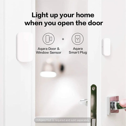 Zigbee Door And Window Sensor 3 Pack with Aqara Smart Plug shown on a door with text 'Light up your home when you open the door'.