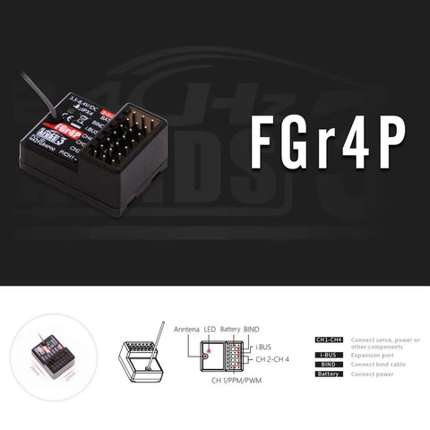 FGr4P 2.4GHz AFHDS 3 Four Channel RC Receiver With PWM PPM I Bus S Bus Output, black compact design, wiring diagram