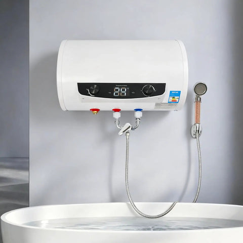 Instant On Demand Electric Water Heater With Dial In Thermostat And Led Display wall mounted over a bathtub, displaying temperature and connections.
