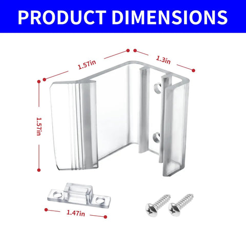 Heavy Duty Universal RV Sliding Closet Door Latches With Slick Hardware Kit dimensions showing 1.3x1.57x1.57in latch body with screws.