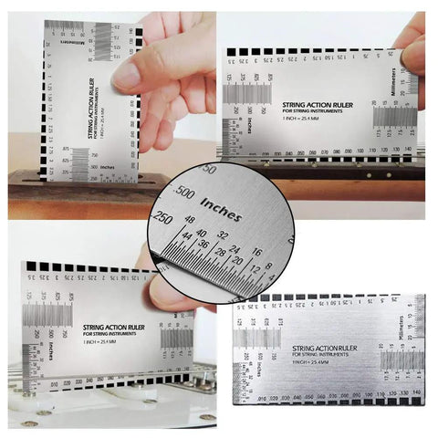 Close-up of stainless steel string action ruler from 44 Piece Guitar Repair Tool Kit With Stainless Steel Setup Tools For Guitar Ukulele Bass Mandolin Banjo Pro Gear Winder Pliers Hex Wrench Ruler Grinding Sponge String Studs Bone File Set