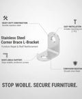 Diagram of Stainless Steel L Bracket Corner Brace for Furniture Repair, showing right-angle design with screws, silver finish.
