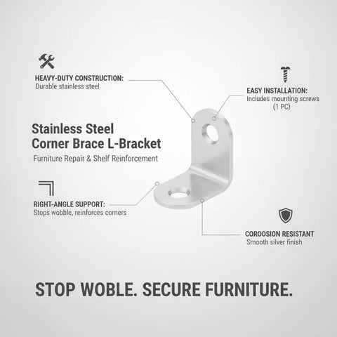 Diagram of Stainless Steel L Bracket Corner Brace for Furniture Repair, showing right-angle design with screws, silver finish.