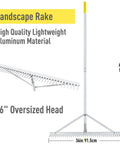 Aluminum Landscape Rake Tool With 36 Inch Head And 69 Inch Lightweight Handle displayed with product dimensions and features.