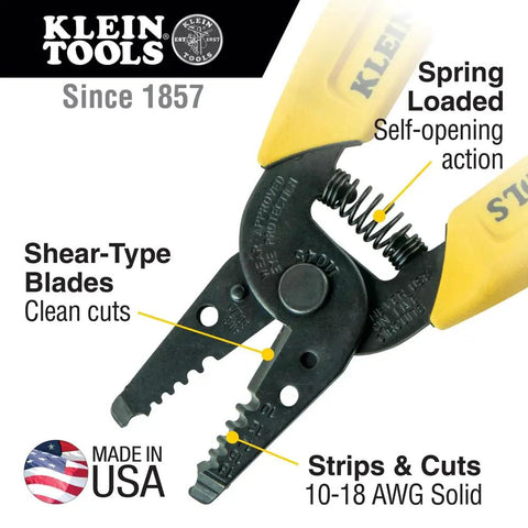 Close-up of Klein Tools wire stripper showing spring-loaded self-opening action and shear-type blades, made in USA.