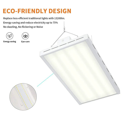 Kickass 2FT Linear LED High Bay Shop Light 165W 22000LM 5000K Crisp White hanging with eco-friendly design.