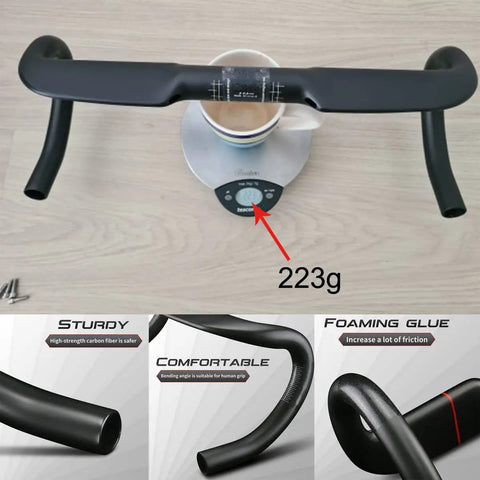 Carbon Road Bike Drop Bars 400mm 31.8mm UD Matte, Internal Routing, Lightweight 200 To 255g, 119mm Drop 77mm Reach weighing 223g