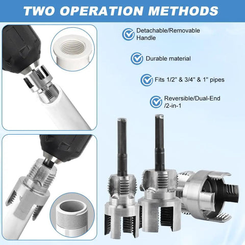 Pipe Threading Tool Kit For One Half, Three Quarter, And One Inch Pipes, Dual Internal And External Threaders, Carbon Steel Drill Powered Tapping Tool, 10 Piece DIY Ready Set displayed with detachable handle and features