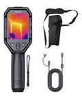 Dual Camera Thermal Imaging Device With 256x192 IR Sensor And 640x480 Live Super Resolution 3.2 Inch Screen 2MP Visible Camera 16GB Storage Carrying Case Pro Grade Heat Detection For On The Go, black handheld device with LCD screen, carrying case and USB cable visible.