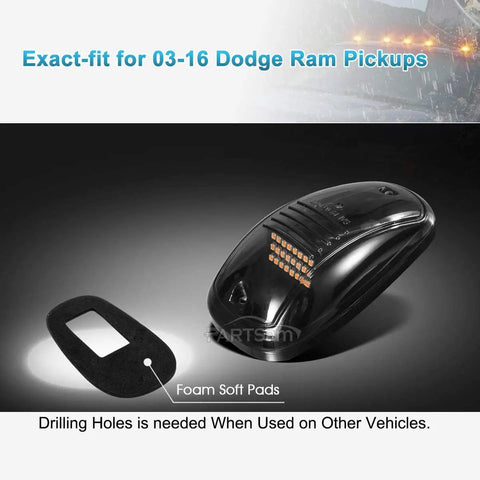 Amber 24 LED Smoke Cab Roof Marker Lights Kit With Wire Harness for Dodge Ram Pickup, UV ABS lens, foam pads