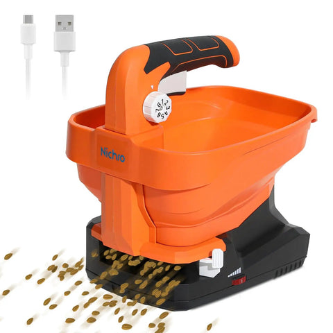 Seed And Fertilizer Spreader Handheld Lawn And Salt Spreader Type C Rechargeable with seeds being spread