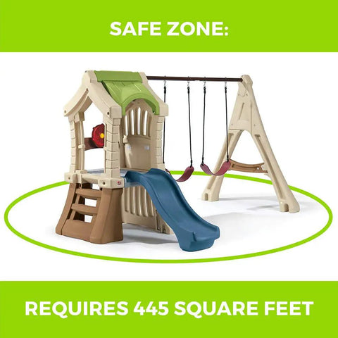 Tot Friendly Outdoor Kids Playset With Two Tier Swing Set, Slide, Climber, Crawl Space And Playhouse, 445 sq ft safe zone