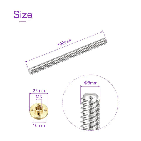 Pro Grade 100mm Fully Threaded Lead Screw Kit With Brass Nut T8x8mm 8mm Diameter 2mm Pitch dimensions and components