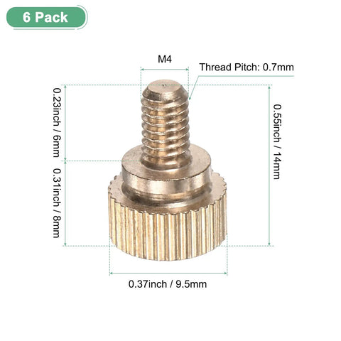 Heavy Duty Solid Brass M4x6mm Knurled Thumbscrew Pack With Grippy Quick Swap Bolts For PC Builds And Electronics Repair No Sweat Diy Fasteners Built Rock Solid close-up with dimensions.