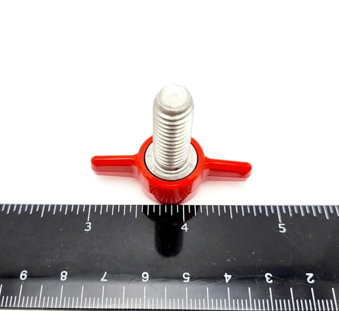 Badass 3/8 X 1 T Bolts With Butterfly Clamping Knobs Solid 304 Stainless Steel Thumb Screws on ruler for size comparison.