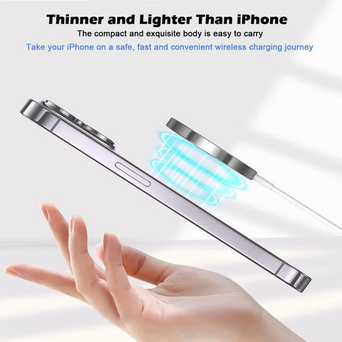 Fast Magnetic Wireless Charger Kit for iPhone 17 16 Pro Max shown levitating over hand, highlighting sleek design and thin profile.