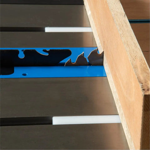 Close-up of Heavy Duty 36 Inch Hdpe Miter Bars 2 Pack Fits Standard 3 4 By 3 8 Inch Slots on table saw with blade.