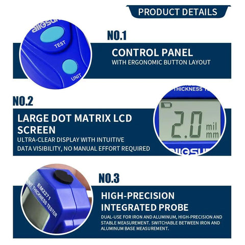 Handheld Portable Paint Coating Thickness Meter 0 To 2 Mm Non Destructive Tester For Iron Steel And Aluminum With Auto Shut Off For Quick Accurate Coating Readings On The Go Field Use And Easy Operation With Clear Consistent Readouts, blue unit display and control panel