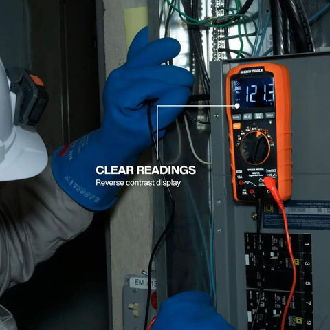 Electrician using Digital Multimeter And Clamp Meter Kit With Auto Ranging TRMS Voltage Tester For 1000V AC DC Magnetic Hanger Pro Grade Test Kit For Electricians And DIY Enthusiasts on electrical panel