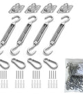 Heavy Duty Stainless Steel Sun Shade Sail Hardware Kit For Garden And Patio, showing hooks, turnbuckles, screws, wall fixings.
