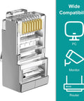 Close-up of a 50-Pack Cat6 Shielded Pass Through RJ45 Connectors with Strain Relief Boots showing gold-plated contacts.