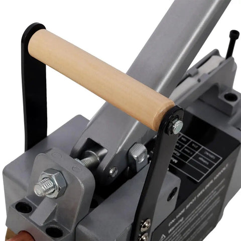 Close-up of a Portable Spot Welder Gun For Iron Up To One Eighth Inch 110V with wooden handle and metal assembly