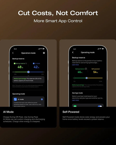 App control interface for Delta 3 Max Portable Power Station 2048Wh LiFePO4 Battery Solar Generator with AI and self-powered modes.