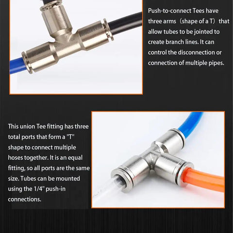 Push To Connect 1/4 Inch Tube 3 Way Tee Pneumatic Fittings Nickel Plated Copper Quick Connector for Air Bags Brakes and Air Compressors