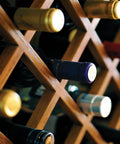 Wooden lattice wine rack showcasing stored wine bottles, representing projects made with Cross Lap Jig For Precise Half Lap Joints Quick Table Saw Setup For Latticework Wine Racks Torsion Boxes And More Micro Adjustable For Stock From One Eighth To Three Quarters Inches With A Go To Ergonomic Knob System For Table Saw Jigs.