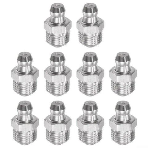 Heavy Duty 201 Stainless Steel Straight Hydraulic Grease Fittings With Exact M10 X 1mm Thread Fits Auto Truck And Machinery Rust Resistant Leaking Proof Built To Last Through Industrial Jobs Saving Money And Keeping Your Equipment Safe And Works Great., 10-pack stainless steel grease fittings