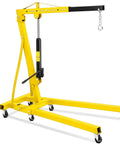 Heavy Duty Folding Engine Hoist With Adjustable Telescopic Boom Two Ton Cherry Picker For Garage Workshop, yellow metal design, smooth rolling casters.