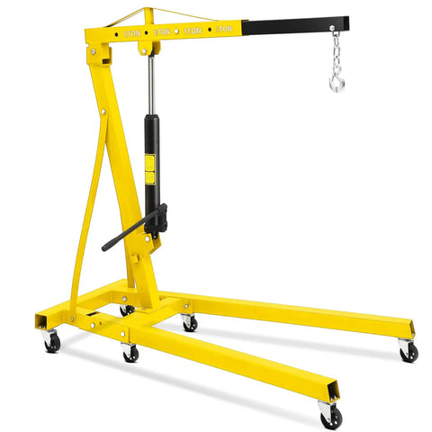 Heavy Duty Folding Engine Hoist With Adjustable Telescopic Boom Two Ton Cherry Picker For Garage Workshop, yellow metal design, smooth rolling casters.
