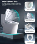 Electric Heated Bidet Toilet Seat With Smart Remote And Instant Warm Water Spray Featuring Easy Pressure Controls For Smooth Cleansing Paired With Quick Dryer That Brings Hella Comfort To Your Bathroom Setup On Every Elongated Model showing energy-saving features and body sensing.