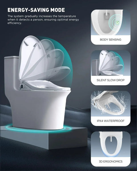 Electric Heated Bidet Toilet Seat With Smart Remote And Instant Warm Water Spray Featuring Easy Pressure Controls For Smooth Cleansing Paired With Quick Dryer That Brings Hella Comfort To Your Bathroom Setup On Every Elongated Model showing energy-saving features and body sensing.