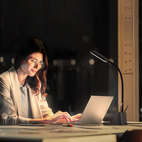 Woman using a laptop illuminated by LED Desk Lamp With USB Charging Port And Pen Holder, Dope Flexible Gooseneck Study Light.