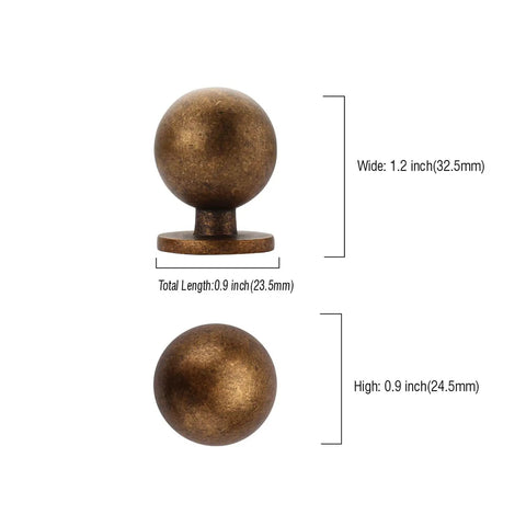 10 Pack Antique Brass Kitchen Cabinet Knobs For Cupboards And Drawers, Vintage Retro Hardware Set For Dresser Cabinets, Heavy Duty Metal Knob Handles For Home DIY Projects, side and top view dimensions.
