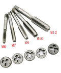 Huge 12 Piece Tap And Die Wrench Set With Heavy Duty Alloy Steel Holders For M3 Through M12 Threads Perfect Metalworking Hand Tools That Are Totally Awesome For Your DIY Projects Or Professional Fabrication Jobs Anywhere. tap and die set with M6 to M12 dies and taps laid out on white background