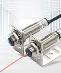 E3Z 20NM NPN Output Photoelectric Proximity Sensor Switch with stainless steel threaded body and bracket, side view, showing laser beam