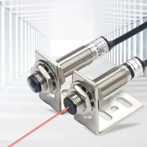 E3Z 20NM NPN Output Photoelectric Proximity Sensor Switch with stainless steel threaded body and bracket, side view, showing laser beam