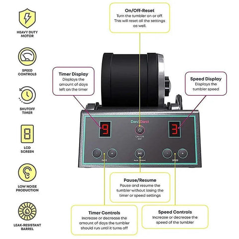 Advanced Rock Tumbler Kit with LCD timer, three speed settings, low noise barrel, and digital polishing controls.