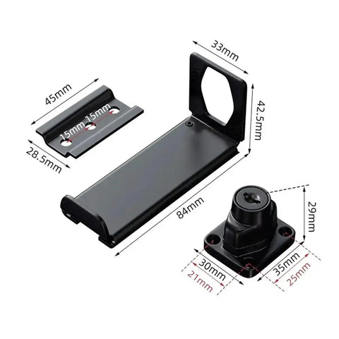 Stainless Steel Door Clasp Lock Right Angle Latch 90 Degree Hasps Shed Gate showing components and measurements in black finish.