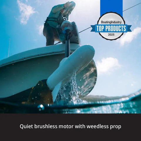 54 Inch Saltwater Trolling Motor With FreeSteer Joystick Remote And Precision GPS Anchoring in action above water.