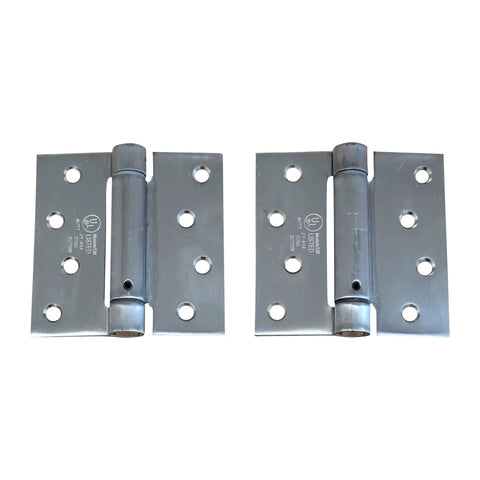 Stainless Steel Spring Hinge 4 Inch Square, Adjustable Tension, Rust Resistant, Built To Last, Heavy Duty Hinges, two pieces on white background.