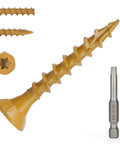 Heavy Duty Size Eight X One Point Four Inch Flat Head Deck Screws With T25 Star Torx Drive tan carbon steel fasteners and driver bit.