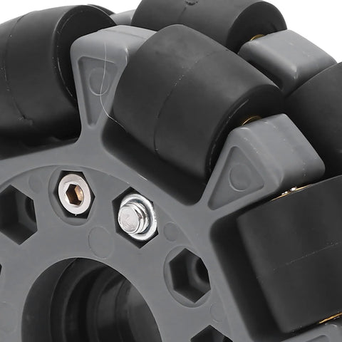 Omni wheel replacement: 100mm double plastic omni wheel on grey chassis with metal bolts.
