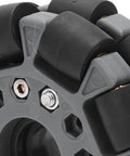 Close-up of 100mm Double Plastic Omnidirectional Wheel For Robotics, 360-Degree Movement With Rubber Rollers For Stability.