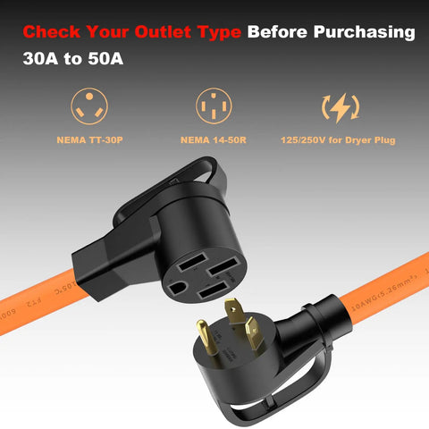 NEMA TT-30P To 14-50R EV Charger Adapter Cord showing 30A to 50A conversion with 3 prong design, ETL listed, UL certified